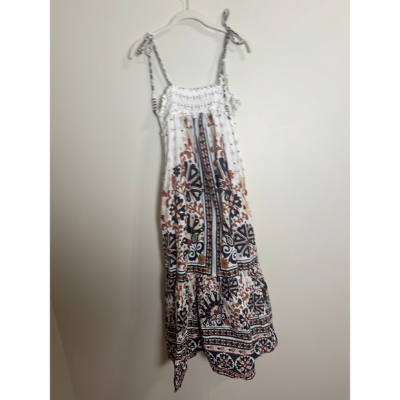 Farm Rio Women XL White Tile Floral Smocked Tiered Midi Dress Beaded Tassels - Picture 3 of 9